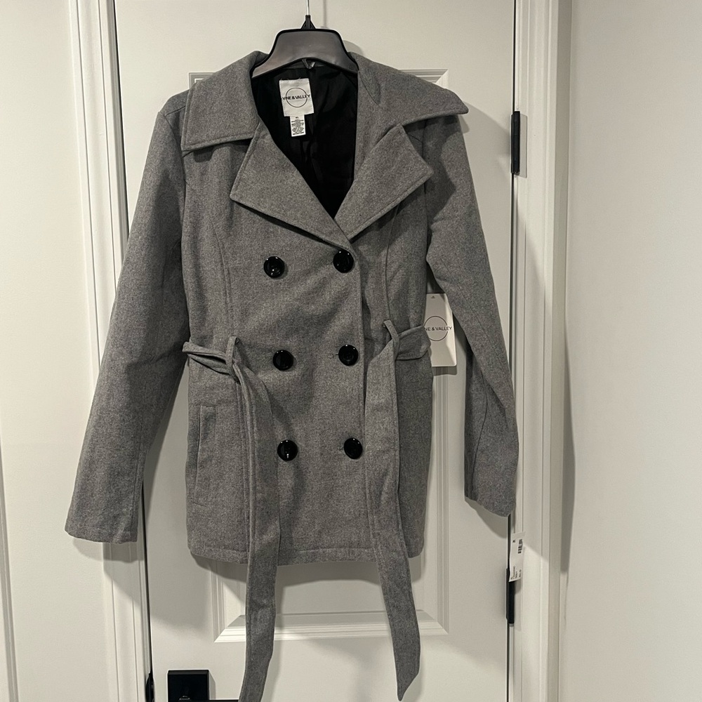 NWT VINE & VALLEY Women's Double-Breasted Gray Wool-Blend Peacoat